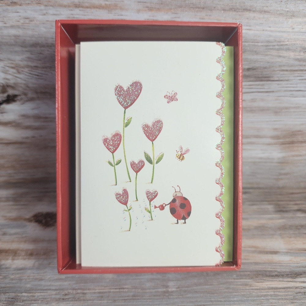 Papyrus Boxed Note Cards 14ct Anna Walker Ladybug Heart Flowers Glitter Scallop